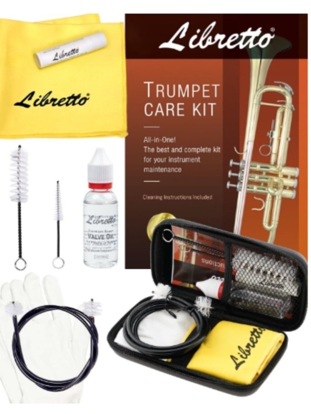 Trumpet (Cornet) All-Inclusive Cleaning Kit w/Case: Valve Oil+Slide Grease etc.